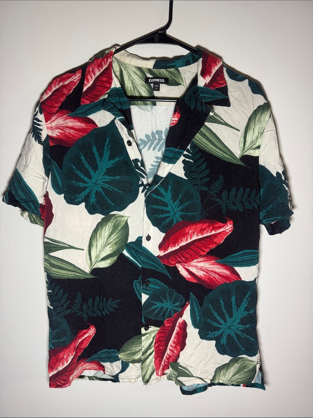 Express Men’s Short Sleeve Button-Up Shirt - Black, Red & Green Leaf Print